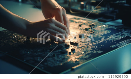 Hands precisely assemble a circuit board, highlighted by soft overhead lighting. 113929590