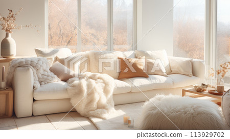 Sunlit living room, with cozy clean style and neutral whites. 113929702