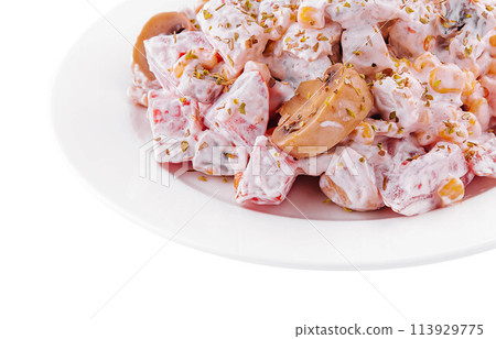 salad of mushrooms, corn and tomato in mayonnaise salad of mushrooms, corn and tomato in mayonnaise 113929775