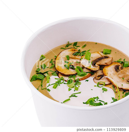 Cream soup with mushrooms isolated on white 113929809