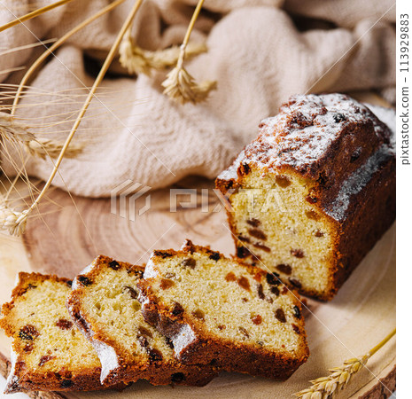 Freshly baked loaf of bread with raisins Freshly baked loaf of bread with raisins 113929883