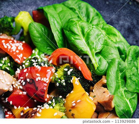 meat with grilled vegetables in bowl meat with grilled vegetables in bowl 113929886