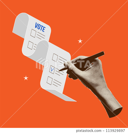 Trendy vintage Collage for 2024 election. Vector banner with halftone hand ticks voting form. Collage for US Election 2024 campaign. Trendy vintage Collage for 2024 election. Vector banner with halftone hand ticks voting form. Collage for US Election 2024 campaign. 113929897
