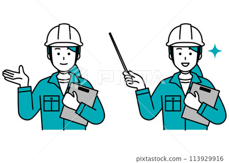 Set of female workers explaining with clipboards Set of female workers explaining with clipboards 113929916