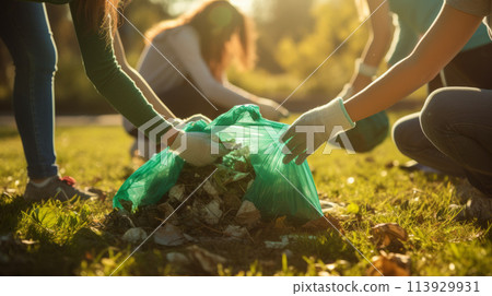 A group of volunteers collects plastic waste 113929931