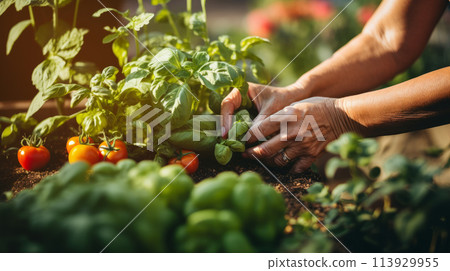 Sunlit hands tenderly tend a community garden. 113929955