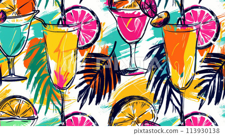 Tropical Cocktails with Citrus Slices and Leaves 113930138