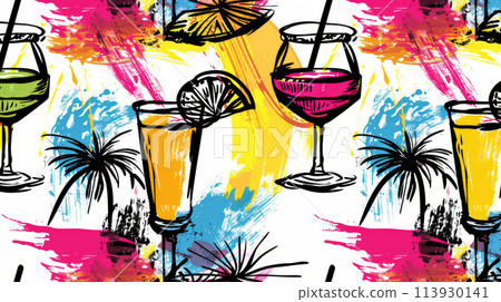 Vibrant Summer Drinks with Palm Leaf Decor 113930141