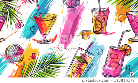 Beach Party Vibes. Vibrant Cocktails and Palm Leaves in a Tropical Paradise 113930172