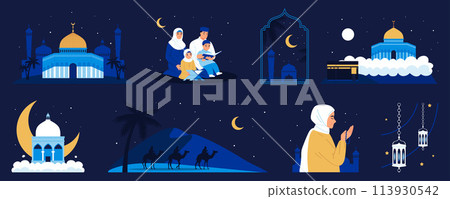 Hand drawn flat Isra Miraj landing page template with arab mosque Hand drawn flat Isra Miraj landing page template with arab mosque 113930542