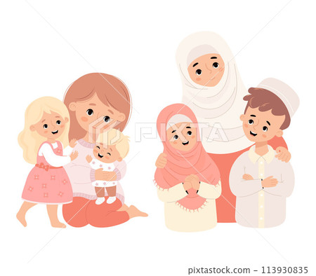 Happy family. Cute islamic woman in hijab and light-skinned mother with smiling children son and daughter. Vector illustration flat cartoon style. Characters family of diverse cultures and religions. Happy family. Cute islamic woman in hijab and light-skinned mother with smiling children son and daughter. Vector illustration flat cartoon style. Characters family of diverse cultures and religions. 113930835