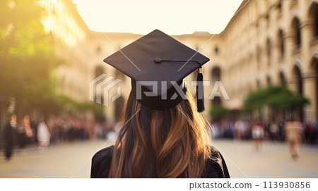 Girl in graduation hat from behind, blurred university background 113930856