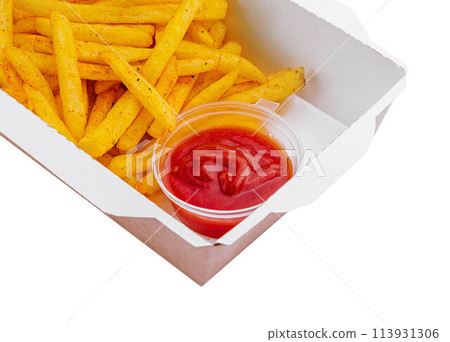 French Fries with Ketchup in takeaway box 113931306