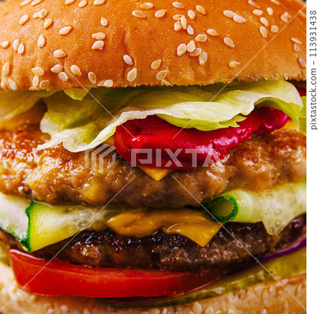 burger with two cutlets and fresh vegetables 113931438