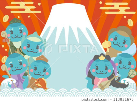 新年賀卡2025新年賀卡2025框架七福神蛇年蛇新年可愛背景插畫素材 113931673