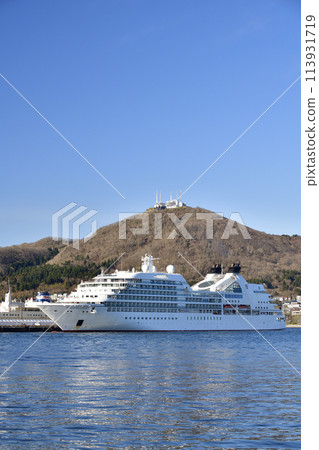 Photographing the Seabourn Odyssey calling at Hakodate Port in Hakodate, Hokkaido in spring 113931719