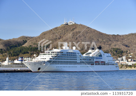 Photographing the Seabourn Odyssey calling at Hakodate Port in Hakodate, Hokkaido in spring 113931720