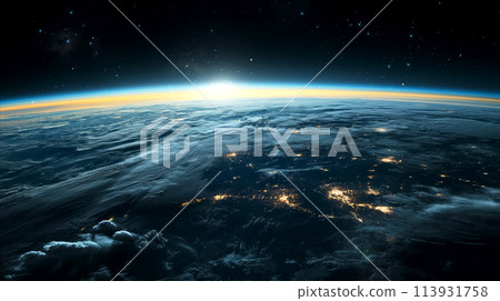 A view of Earth from space, showcasing our planets illuminated cities and vast oceans against backdrop of star-studded cosmos, atmosphere glows with ethereal radiance, stars twinkle in dark expanse 113931758