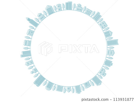 藍線繪製城市景觀圓形框架圖 藍線繪製城市景觀圓形框架圖 113931877