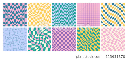 Square psychedelic checkerboards, groovy checkered seamless pattern with distorted grid tile Square psychedelic checkerboards, groovy checkered seamless pattern with distorted grid tile 113931878