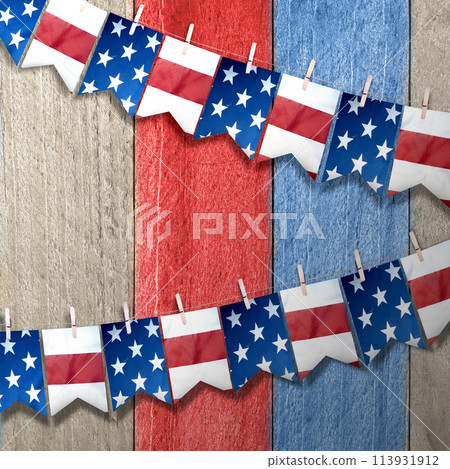 Closeup view of the American flag hanging on the rope Closeup view of the American flag hanging on the rope 113931912