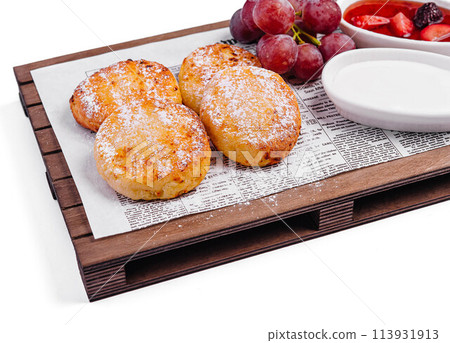 Cottage cheese pancake with strawberry jam Cottage cheese pancake with strawberry jam 113931913