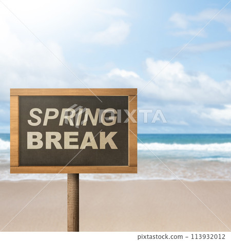 Summer break is shown using the text with wooden board against the beautiful beach in the background. Summer break is shown using the text with wooden board against the beautiful beach in the background. 113932012