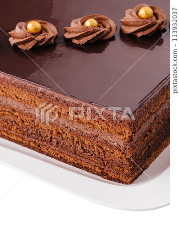 Tasty chocolate cake on white background 113932037