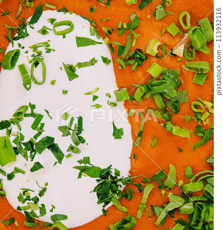 Pumpkin and carrot soup with onion 113932116