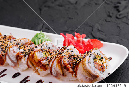 Sushi set canada roll with salmon on plate 113932349