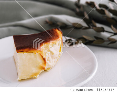 San sebastian cheesecake on plate close up 113932357