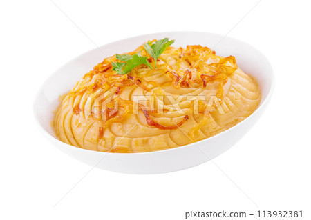 Mashed Potatoes with fried onions in plate Mashed Potatoes with fried onions in plate 113932381