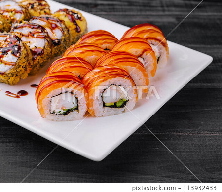Sushi set on white plate top view 113932433