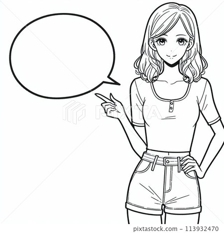 Line drawing of a woman in casual clothes making a suggestion [with speech bubble] 113932470