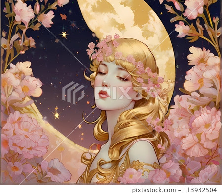 12 Constellations Zodiac Art Nouveau Antique Flowers and Virgo Fantasy Illustration 113932504
