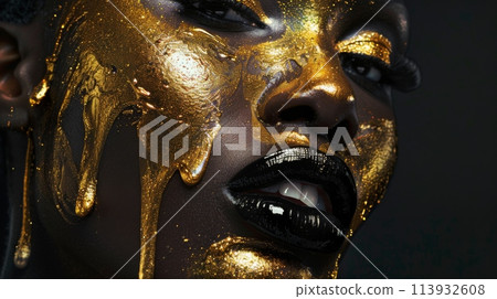 Fashion Photo, Golden Paint on African American Woman, Glossy Finish, AI Created 113932608