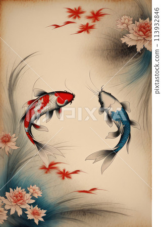 Koi fish painting with Japanese colored carps swimming in a pond in watercolor style. 113932846