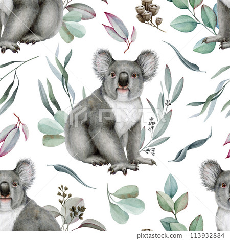 Koala with eucalyptus branch decor seamless pattern. Watercolor illustration. Australia native wildlife animal. Cute koala bear with eucalyptus tree twigs element seamless pattern. White background 113932884