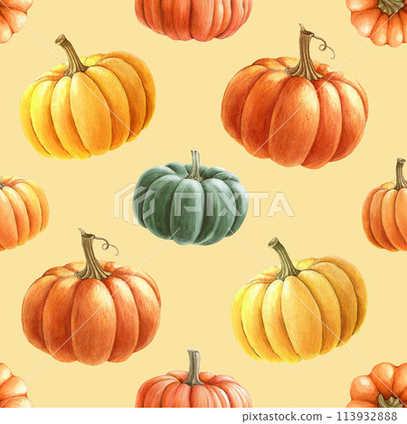 Bright pumpkins seamless pattern. Watercolor painted illustration. Hand drawn ripe orange autumn harvest pumpkin decoration. Thanksgiving and halloween bright seamless pattern element Bright pumpkins seamless pattern. Watercolor painted illustration. Hand drawn ripe orange autumn harvest pumpkin decoration. Thanksgiving and halloween bright seamless pattern element 113932888