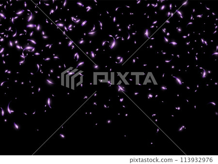 Purple confetti, falling paper ribbons isolated on dark background. Birthday party decoration. Purple confetti, falling paper ribbons isolated on dark background. Birthday party decoration. 113932976