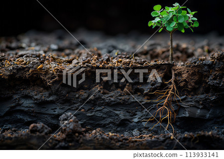 Close-up of a sprout taking root in the ground, an underground texture in soil cut 113933141