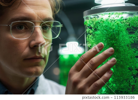 A scientist examining a green algae specimen in a laboratory. The close-up view shows the scrutiny and research involved. 113933186