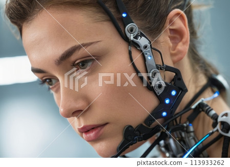 A cyborg woman with an interface headset, focused. She appears immersed in a high-tech task, determination evident. 113933262