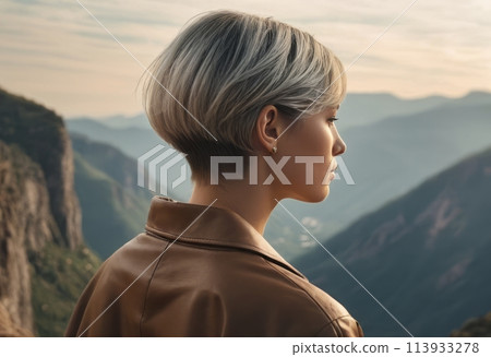 A contemplative woman overlooks mountain scenery at dusk. The peaceful setting reflects her serene and thoughtful mood. A contemplative woman overlooks mountain scenery at dusk. The peaceful setting reflects her serene and thoughtful mood. 113933278