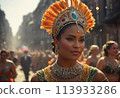 A carnival queen wearing a stunning costume during a parade. She radiates confidence and the spirit of the event. 113933286