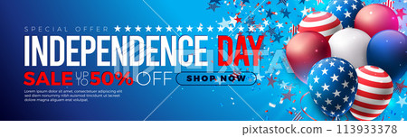 Fourth of July Independence Day Sale Banner Design with Party Balloon and Falling Star Symbols in American Flag Color on Blue Background. USA National Holiday Vector Illustration with Special Offer Fourth of July Independence Day Sale Banner Design with Party Balloon and Falling Star Symbols in American Flag Color on Blue Background. USA National Holiday Vector Illustration with Special Offer 113933378