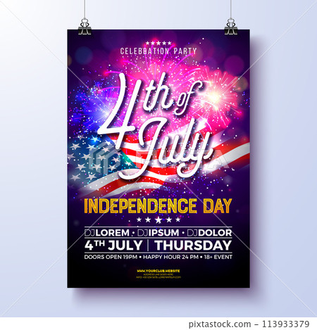 Independence Day of the USA Party Flyer Illustration with American Flag and Fireworks. Vector Fourth of July Design on Night Blue Background for Celebration Banner, Greeting Card, Invitation or 113933379