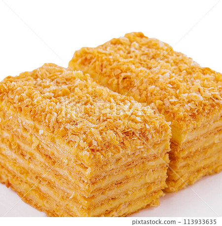 Homemade baked cake Napoleon on plate 113933635