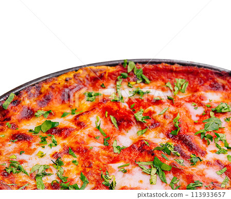 Cooked hot lasagna in a frying pan Cooked hot lasagna in a frying pan 113933657