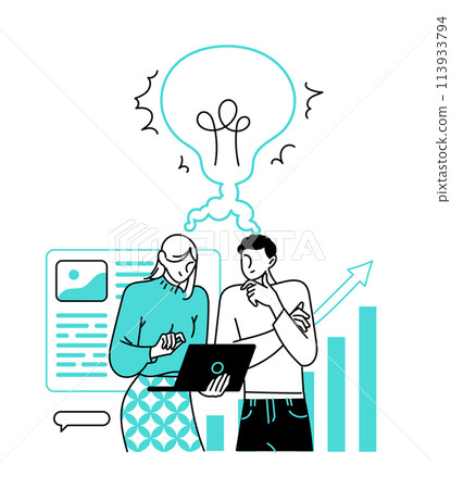 Employees in an office with a laptop discussing an idea Employees in an office with a laptop discussing an idea 113933794